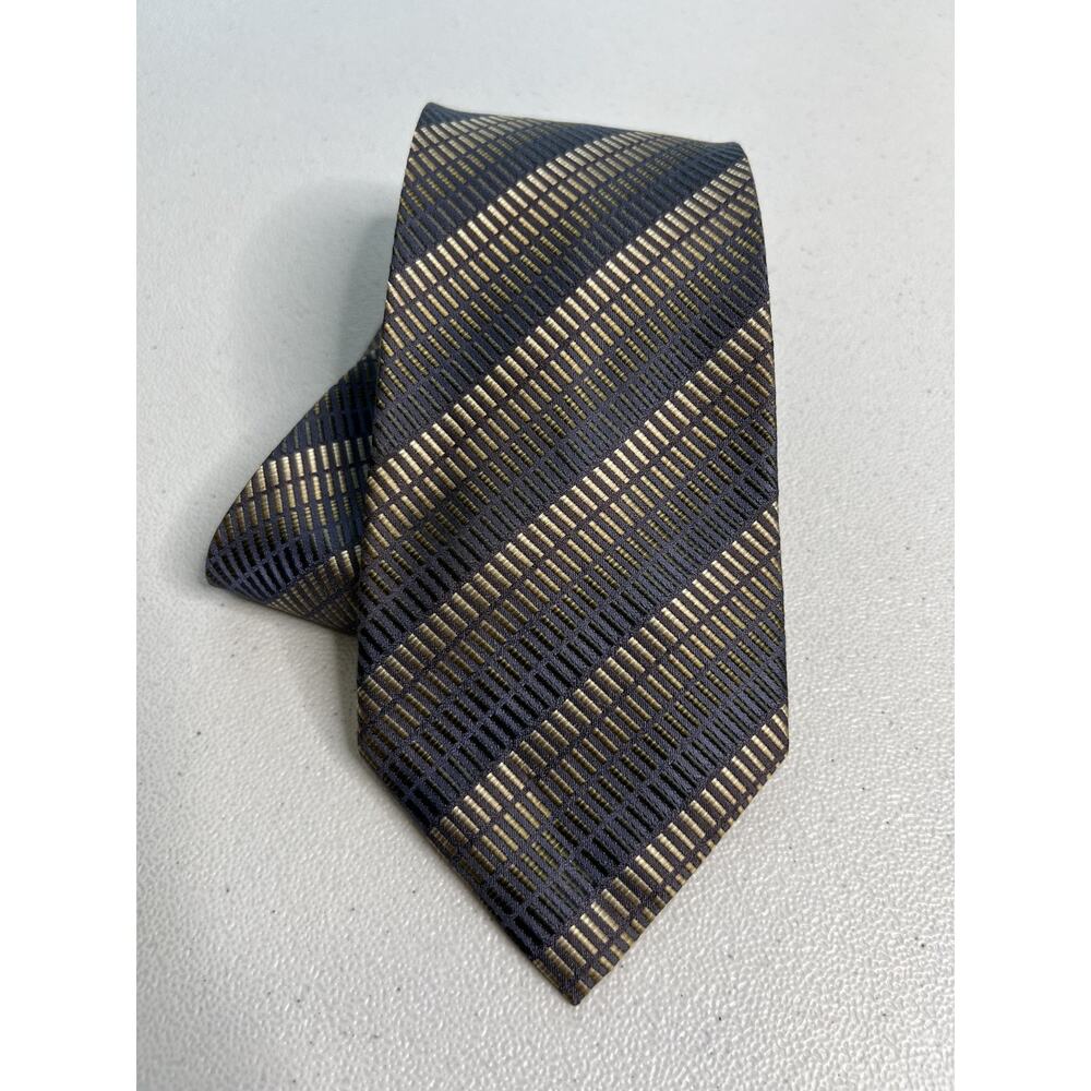 Saxony Collection Blue, Tan Geometric Pattern 100% Silk Handmade Tie NWOT